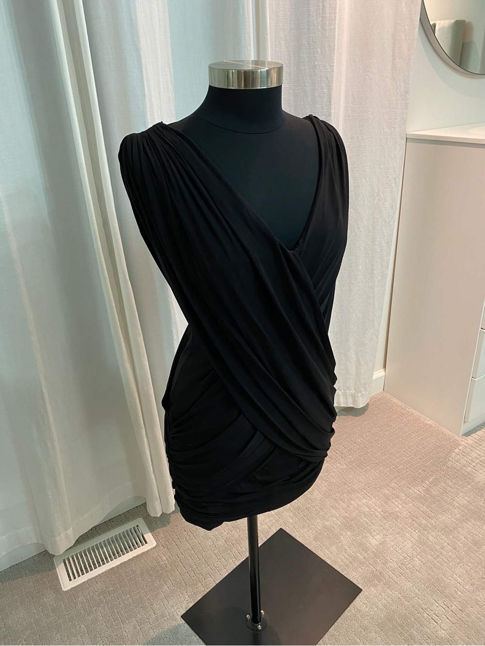 BCBGMaxAzria Black Draped Ruched V-Neck Mini Dress